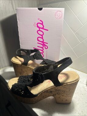 Jellypop Black Crochet Cork Wedge Sandals
